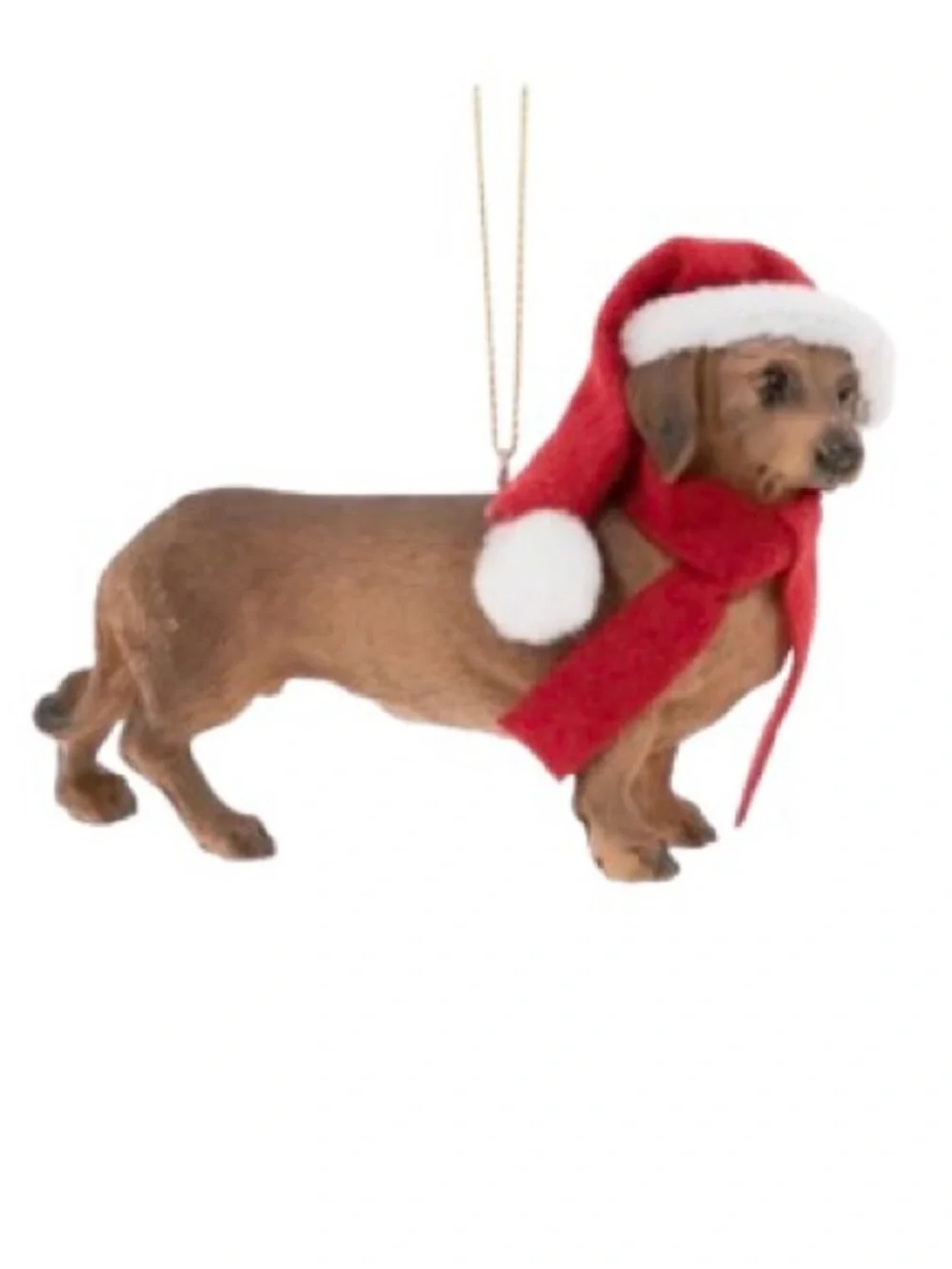 🆕- Brown Dachshund Dog Christmas Ornament with Red Santa Hat and Scarf